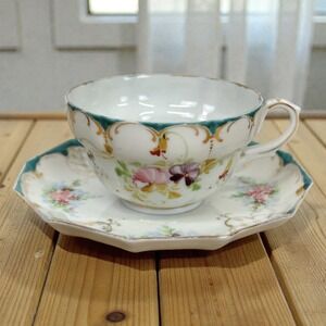 VTG Porcelain Teacup Saucer Set Turquoise Gold Hand Painted Violets Scalloped